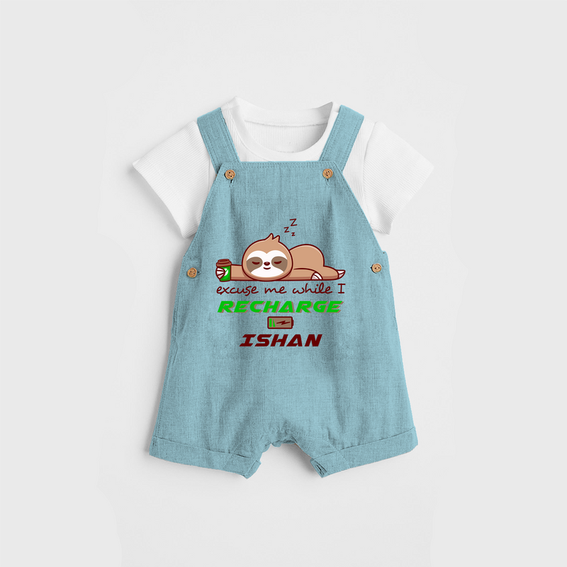 Make Sure Your Son is Always Dressed Appropriately With Our " Excuse Me While I Recharge" Customized Dungaree set - ARCTIC BLUE - 0 - 5 Months Old (Chest 18")