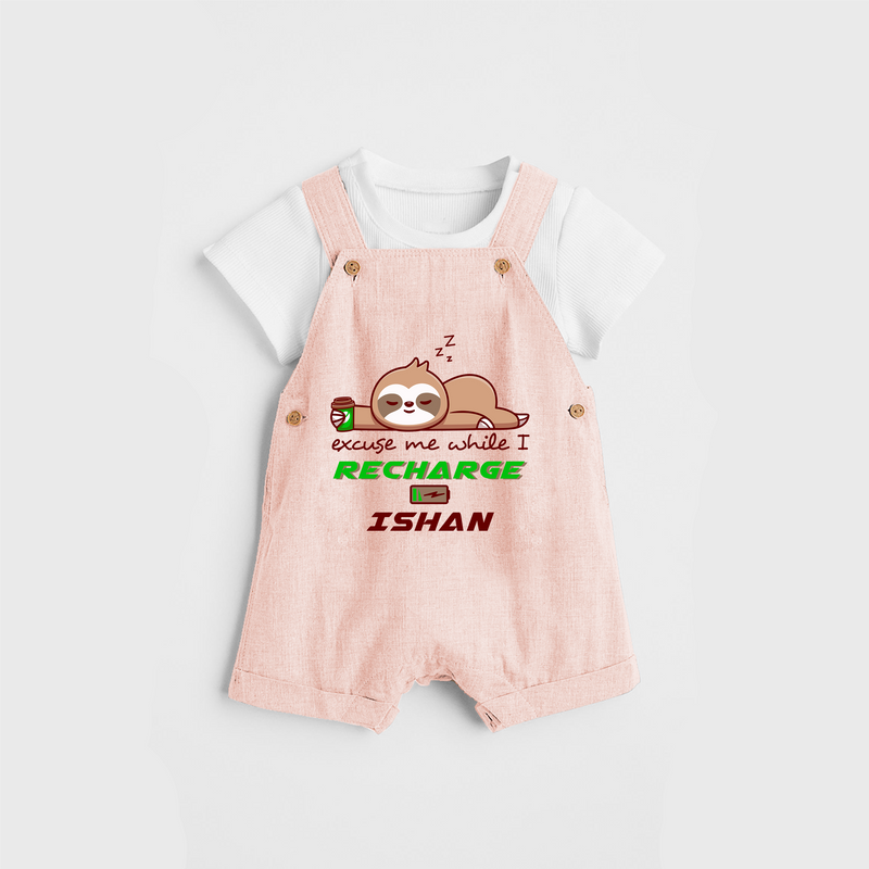 Make Sure Your Son is Always Dressed Appropriately With Our " Excuse Me While I Recharge" Customized Dungaree set - PEACH - 0 - 5 Months Old (Chest 18")