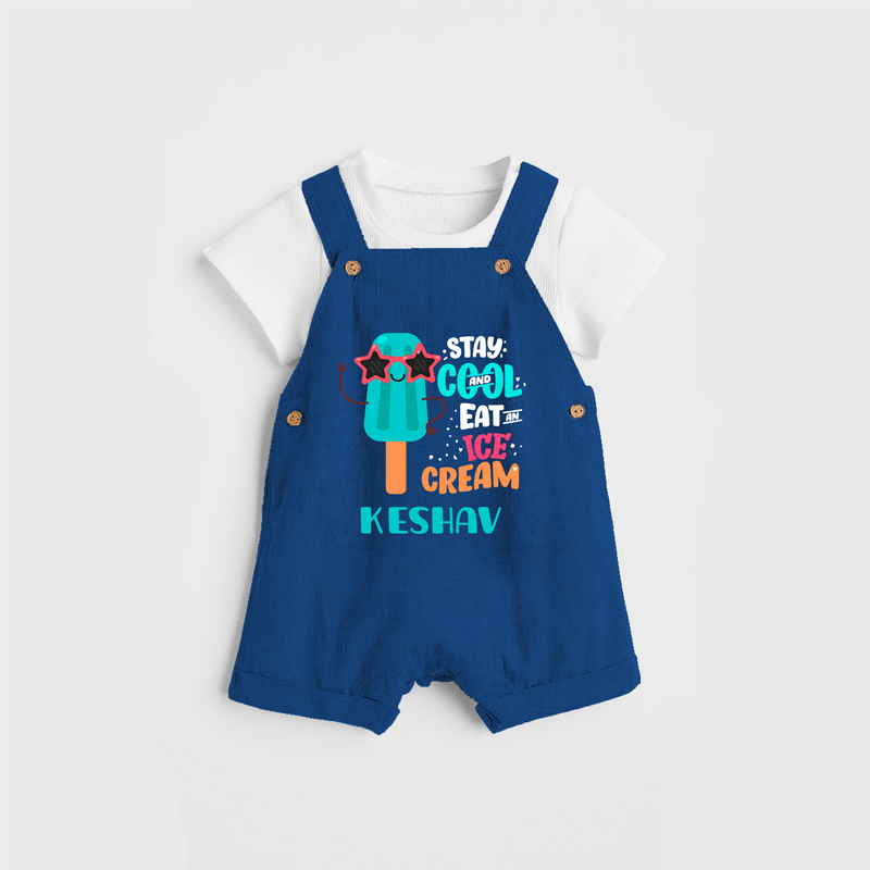 Bring a Sense of Individuality to Your Sons Wardrobe With Our "Stay Cool Eat Ice Cream" Customized Dungaree set - COBALT BLUE - 0 - 5 Months Old (Chest 18")