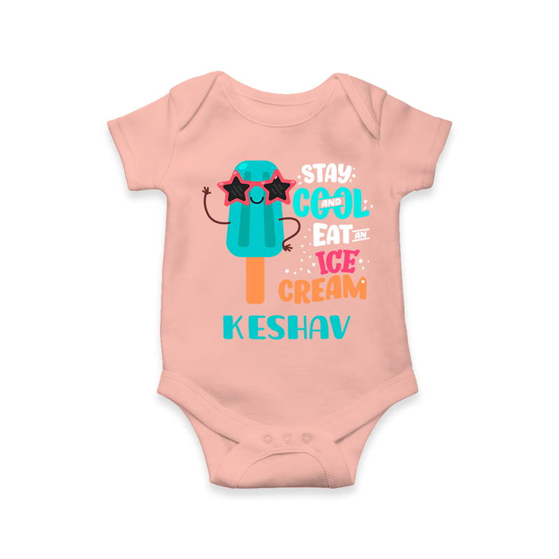 Bring a Sense of Individuality to Your Sons Wardrobe With Our "Stay Cool Eat Ice Cream" Casual Romper - PEACH - 0 - 3 Months Old (Chest 16")