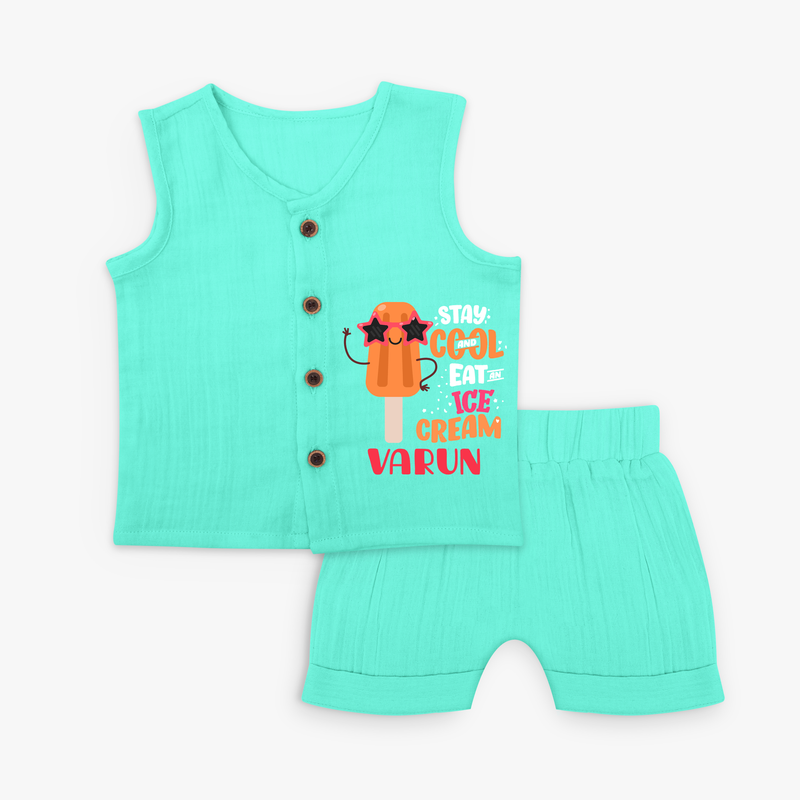 Bring a Sense of Individuality to Your Sons Wardrobe With Our "Stay Cool Eat Ice Cream" Customized Jabla set - AQUA GREEN - 0 - 3 Months Old (Chest 9.8")