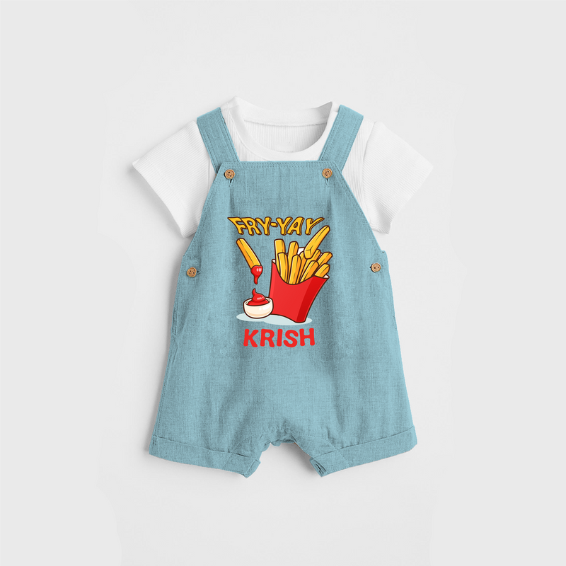 Update Your Sons Fashion Game With Our "Fry - Yay" Cool Customized Dungaree set - ARCTIC BLUE - 0 - 5 Months Old (Chest 18")