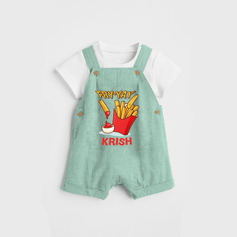 Update Your Sons Fashion Game With Our "Fry - Yay" Cool Customized Dungaree set - MINT GREEN - 0 - 5 Months Old (Chest 18")