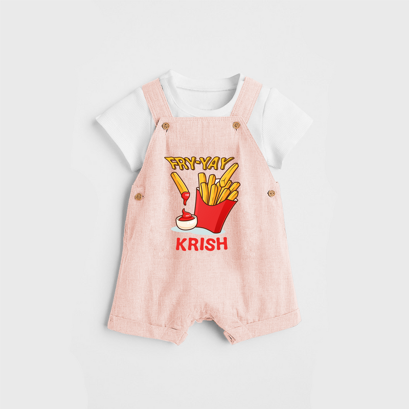 Update Your Sons Fashion Game With Our "Fry - Yay" Cool Customized Dungaree set - PEACH - 0 - 5 Months Old (Chest 18")