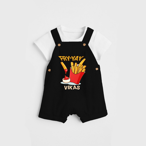 Update Your Sons Fashion Game With Our "Fry - Yay" Cool Customized Dungaree set - BLACK - 0 - 5 Months Old (Chest 18")