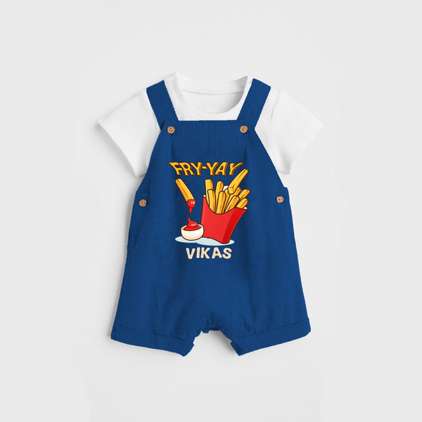 Update Your Sons Fashion Game With Our "Fry - Yay" Cool Customized Dungaree set - COBALT BLUE - 0 - 5 Months Old (Chest 18")