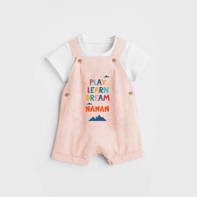 Elevate Your Sons Fashion Game by Adding Our "Play Learn Dream" Customized Dungaree set - PEACH - 0 - 5 Months Old (Chest 18")