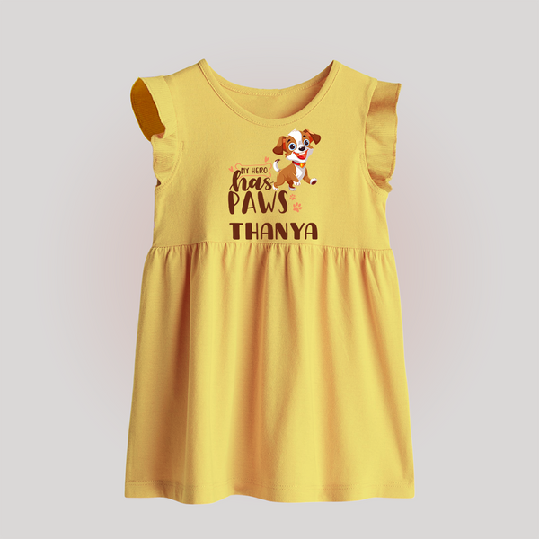 My Hero Has Paws Baby Frock | Personalized Baby Frock for Dog Lovers - PASTEL YELLOW - 0 - 3 Months Old (Chest 17")