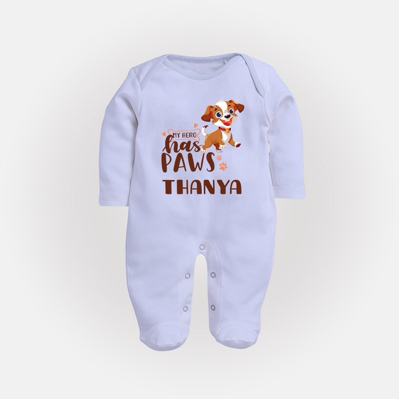 My Hero Has Paws Sleep Suit/Full Sleeve Body Suit | Personalized Baby Sleep Suit/Full Sleeve Body Suit for Dog Lovers - BABY BLUE - New Born (Chest 7.5")