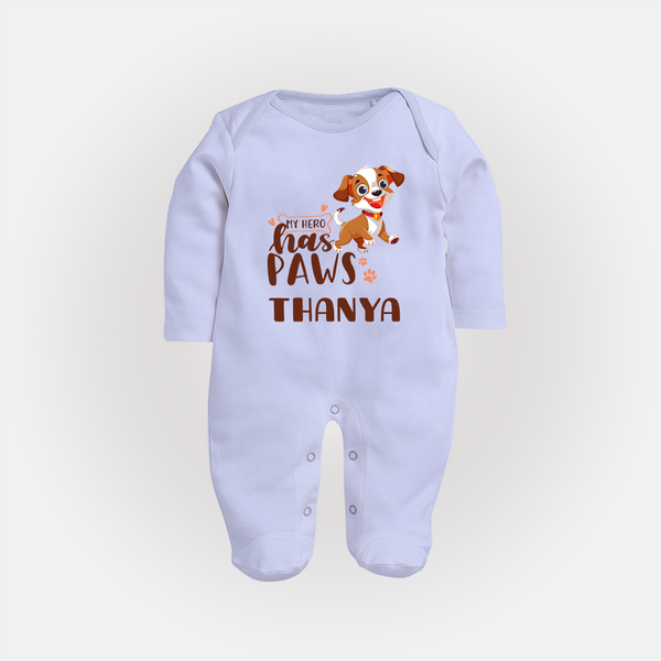 My Hero Has Paws Sleep Suit/Full Sleeve Body Suit | Personalized Baby Sleep Suit/Full Sleeve Body Suit for Dog Lovers - BABY BLUE - New Born (Chest 7.5")