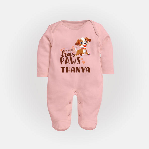 My Hero Has Paws Sleep Suit/Full Sleeve Body Suit | Personalized Baby Sleep Suit/Full Sleeve Body Suit for Dog Lovers - BABY PINK - New Born (Chest 7.5")