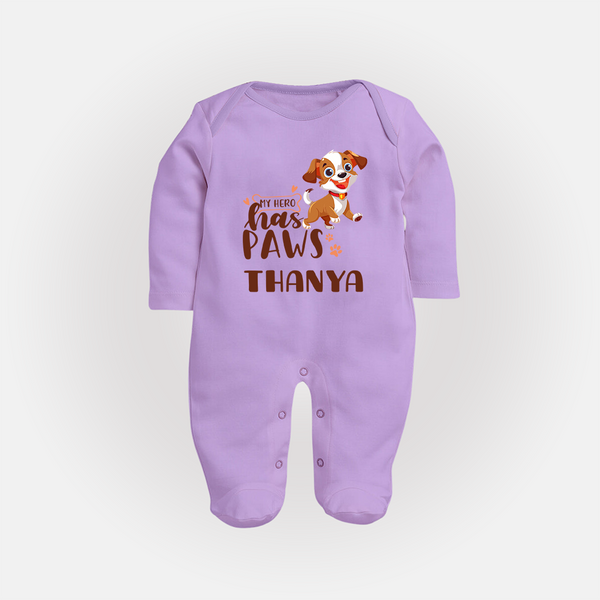 My Hero Has Paws Sleep Suit/Full Sleeve Body Suit | Personalized Baby Sleep Suit/Full Sleeve Body Suit for Dog Lovers - LILAC - New Born (Chest 7.5")