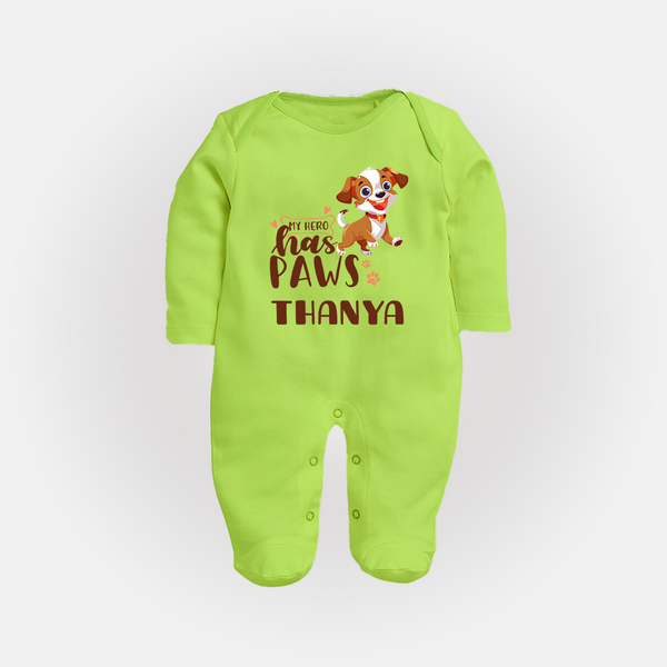 My Hero Has Paws Sleep Suit/Full Sleeve Body Suit | Personalized Baby Sleep Suit/Full Sleeve Body Suit for Dog Lovers - LIME GREEN - New Born (Chest 7.5")