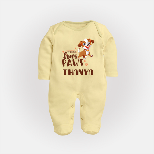 My Hero Has Paws Sleep Suit/Full Sleeve Body Suit | Personalized Baby Sleep Suit/Full Sleeve Body Suit for Dog Lovers - PASTEL YELLOW - New Born (Chest 7.5")