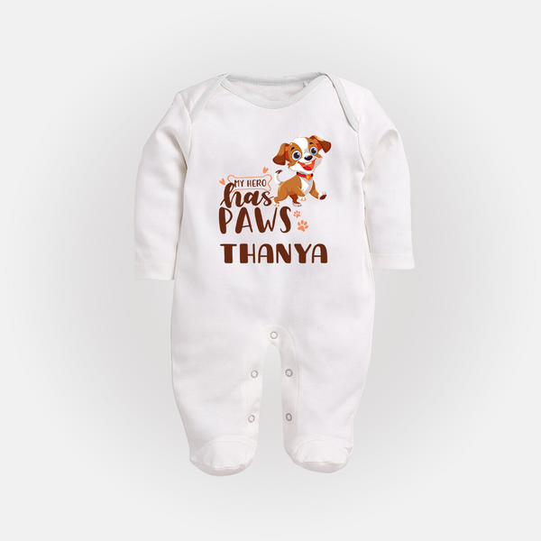 My Hero Has Paws Sleep Suit/Full Sleeve Body Suit | Personalized Baby Sleep Suit/Full Sleeve Body Suit for Dog Lovers - WHITE - New Born (Chest 7.5")