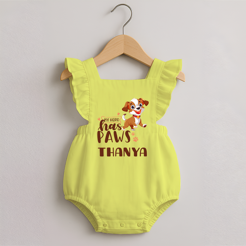 My Hero Has Paws Romper Frock | Personalized Baby Romper Frock for Dog Lovers - PASTEL YELLOW - 0 - 3 Months Old (Chest 19")