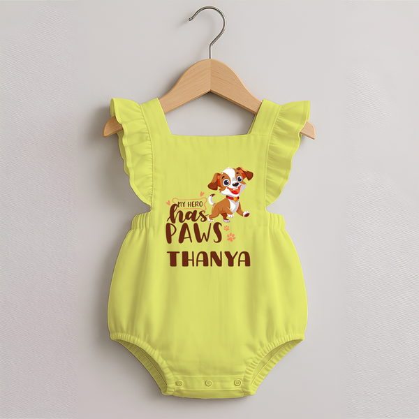 My Hero Has Paws Romper Frock | Personalized Baby Romper Frock for Dog Lovers - PASTEL YELLOW - 0 - 3 Months Old (Chest 19")