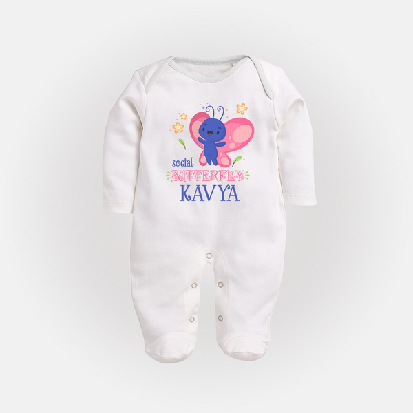Social Butterfly Sleep Suit/Full Sleeve Body Suit | Personalized Baby Sleep Suit/Full Sleeve Body Suit for Social Kids - WHITE - New Born (Chest 7.5")