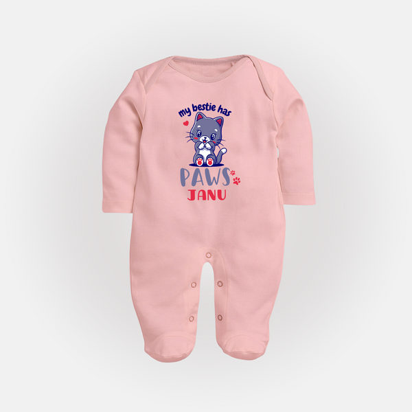 My Bestie Has Paws Sleep Suit/Full Sleeve Body Suit | Custom Baby Sleep Suit/Full Sleeve Body Suit for Animal Lovers - BABY PINK - New Born (Chest 7.5")