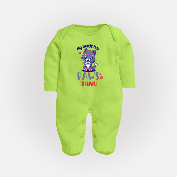 My Bestie Has Paws Sleep Suit/Full Sleeve Body Suit | Custom Baby Sleep Suit/Full Sleeve Body Suit for Animal Lovers - LIME GREEN - New Born (Chest 7.5")