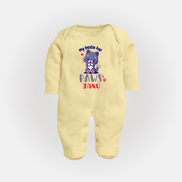 My Bestie Has Paws Sleep Suit/Full Sleeve Body Suit | Custom Baby Sleep Suit/Full Sleeve Body Suit for Animal Lovers - PASTEL YELLOW - New Born (Chest 7.5")