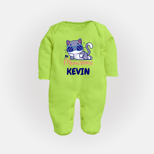 Be Meowsome Sleep Suit/Full Sleeve Body Suit | Personalized Baby Sleep Suit/Full Sleeve Body Suit for Cat Lovers - LIME GREEN - New Born (Chest 7.5")