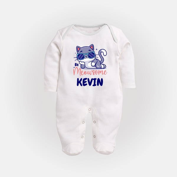Be Meowsome Sleep Suit/Full Sleeve Body Suit | Personalized Baby Sleep Suit/Full Sleeve Body Suit for Cat Lovers - WHITE - New Born (Chest 7.5")