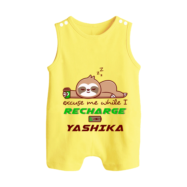Excuse Me While I Recharge Romper Suit/Sleeveless Romper | Personalized Baby Romper Suit/Sleeveless Romper for Resting - PASTEL YELLOW - 0 - 5 Months Old (Chest 18")