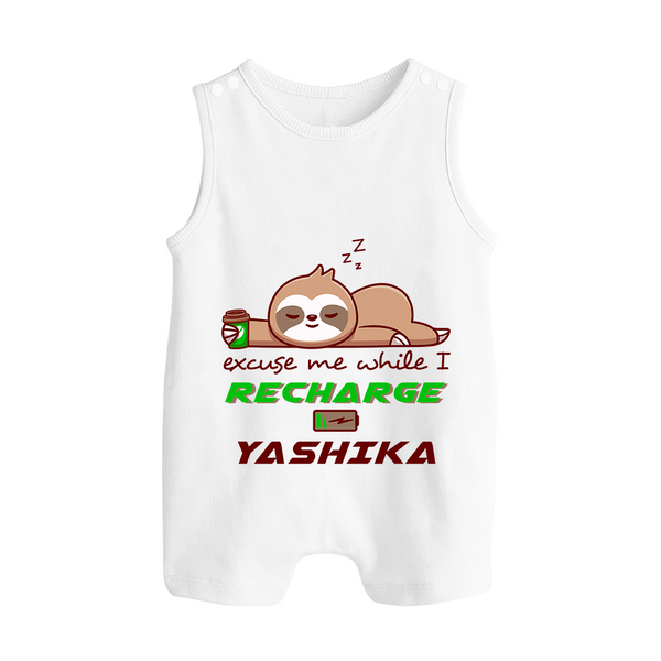 Excuse Me While I Recharge Romper Suit/Sleeveless Romper | Personalized Baby Romper Suit/Sleeveless Romper for Resting - WHITE - 0 - 5 Months Old (Chest 18")