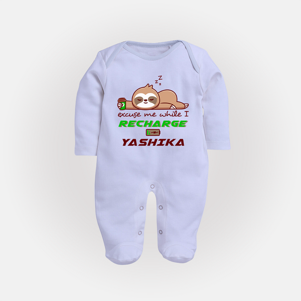 Excuse Me While I Recharge Sleep Suit/Full Sleeve Body Suit | Personalized Baby Sleep Suit/Full Sleeve Body Suit for Resting - BABY BLUE - New Born (Chest 7.5")