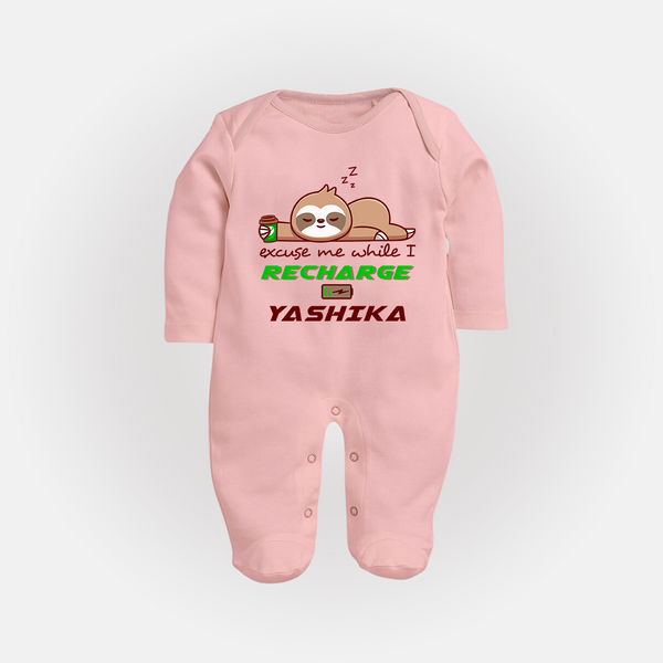 Excuse Me While I Recharge Sleep Suit/Full Sleeve Body Suit | Personalized Baby Sleep Suit/Full Sleeve Body Suit for Resting - BABY PINK - New Born (Chest 7.5")