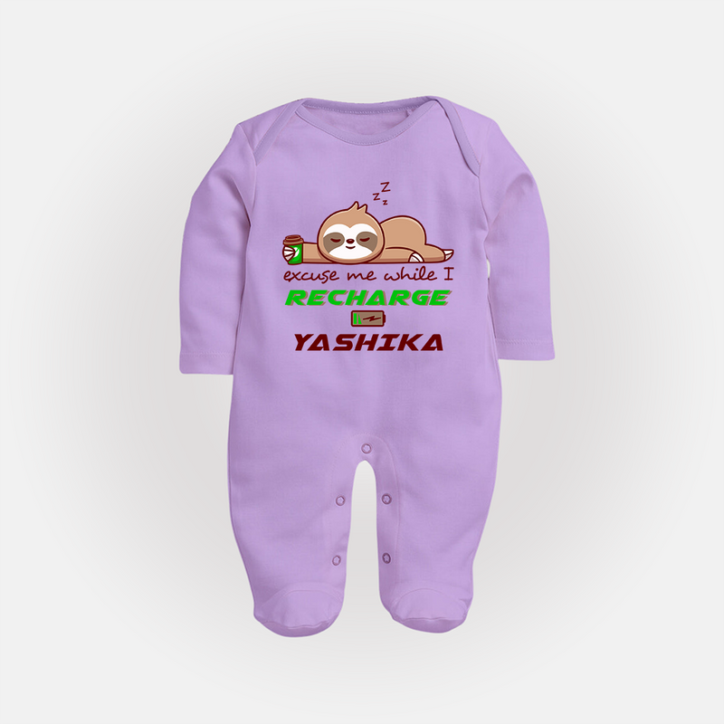 Excuse Me While I Recharge Sleep Suit/Full Sleeve Body Suit | Personalized Baby Sleep Suit/Full Sleeve Body Suit for Resting - LILAC - New Born (Chest 7.5")