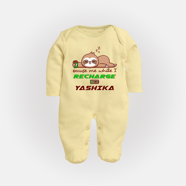 Excuse Me While I Recharge Sleep Suit/Full Sleeve Body Suit | Personalized Baby Sleep Suit/Full Sleeve Body Suit for Resting - PASTEL YELLOW - New Born (Chest 7.5")