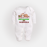 Excuse Me While I Recharge Sleep Suit/Full Sleeve Body Suit | Personalized Baby Sleep Suit/Full Sleeve Body Suit for Resting - WHITE - New Born (Chest 7.5")