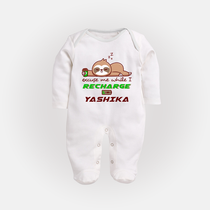 Excuse Me While I Recharge Sleep Suit/Full Sleeve Body Suit | Personalized Baby Sleep Suit/Full Sleeve Body Suit for Resting - WHITE - New Born (Chest 7.5")