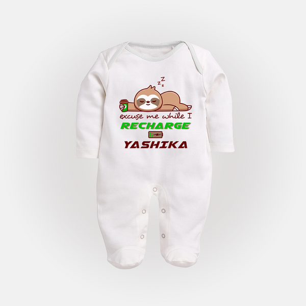 Excuse Me While I Recharge Sleep Suit/Full Sleeve Body Suit | Personalized Baby Sleep Suit/Full Sleeve Body Suit for Resting - WHITE - New Born (Chest 7.5")