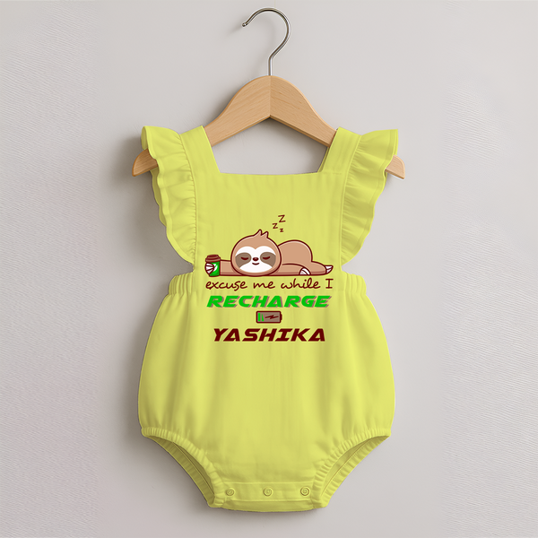 Excuse Me While I Recharge Romper Frock | Personalized Baby Romper Frock for Resting - PASTEL YELLOW - 0 - 3 Months Old (Chest 19")