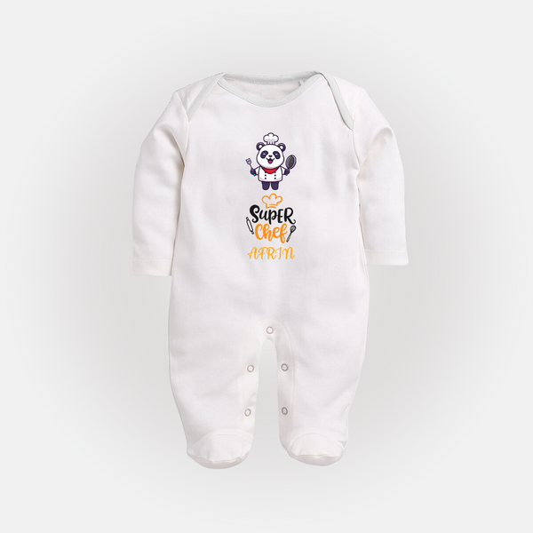 Super Chef Sleep Suit/Full Sleeve Body Suit | Personalized Baby Sleep Suit/Full Sleeve Body Suit for Little Cooks - WHITE - New Born (Chest 7.5")