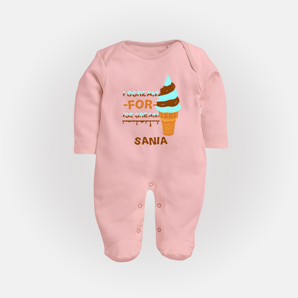 I Scream for Ice Cream Sleep Suit/Full Sleeve Body Suit | Personalized Baby Sleep Suit/Full Sleeve Body Suit for Sweet Tooth Kids - BABY PINK - New Born (Chest 7.5")