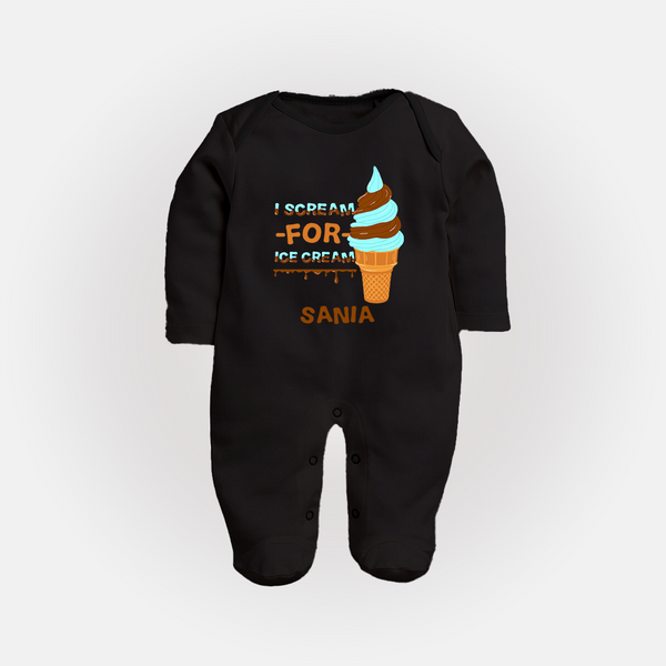 I Scream for Ice Cream Sleep Suit/Full Sleeve Body Suit | Personalized Baby Sleep Suit/Full Sleeve Body Suit for Sweet Tooth Kids - BLACK - New Born (Chest 7.5")