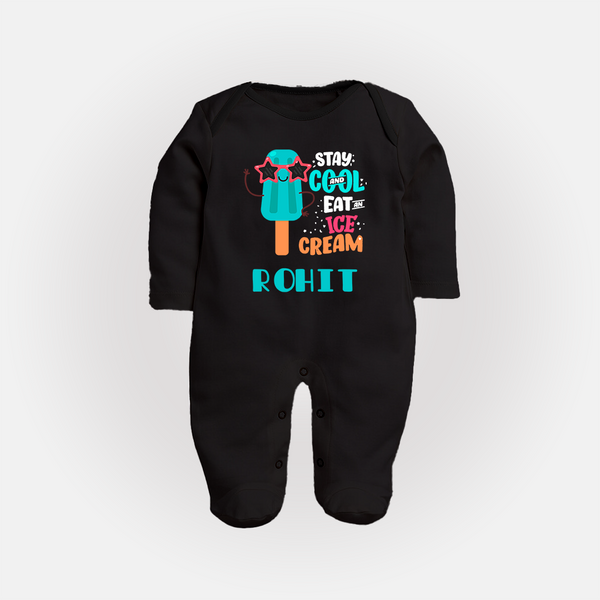 Stay Cool and Eat an Ice Cream Sleep Suit/Full Sleeve Body Suit | Custom Baby Sleep Suit/Full Sleeve Body Suit for Ice Cream Lovers - BLACK - New Born (Chest 7.5")