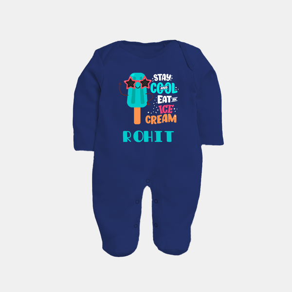 Stay Cool and Eat an Ice Cream Sleep Suit/Full Sleeve Body Suit | Custom Baby Sleep Suit/Full Sleeve Body Suit for Ice Cream Lovers - NAVY BLUE - New Born (Chest 7.5")