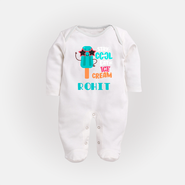 Stay Cool and Eat an Ice Cream Sleep Suit/Full Sleeve Body Suit | Custom Baby Sleep Suit/Full Sleeve Body Suit for Ice Cream Lovers - WHITE - New Born (Chest 7.5")