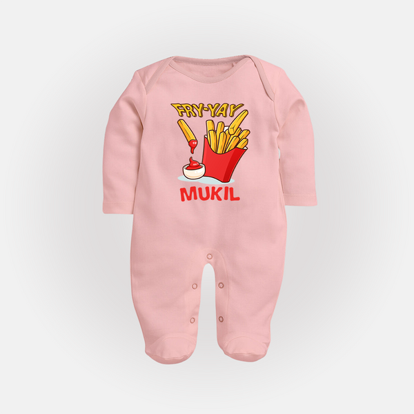 Fry-Yay Sleep Suit/Full Sleeve Body Suit | Personalized Baby Sleep Suit/Full Sleeve Body Suit for Fun Fridays - BABY PINK - New Born (Chest 7.5")