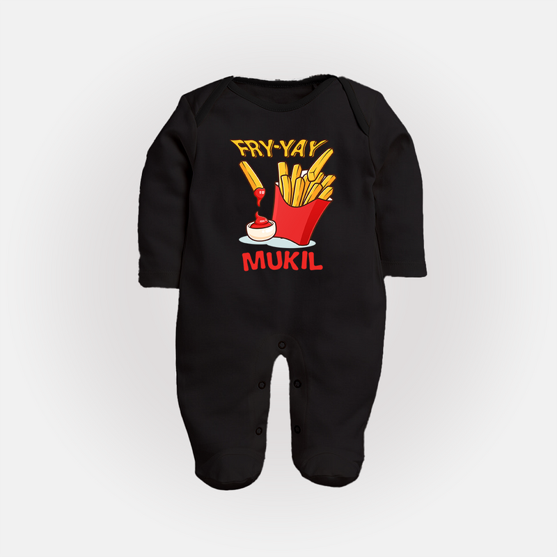 Fry-Yay Sleep Suit/Full Sleeve Body Suit | Personalized Baby Sleep Suit/Full Sleeve Body Suit for Fun Fridays - BLACK - New Born (Chest 7.5")