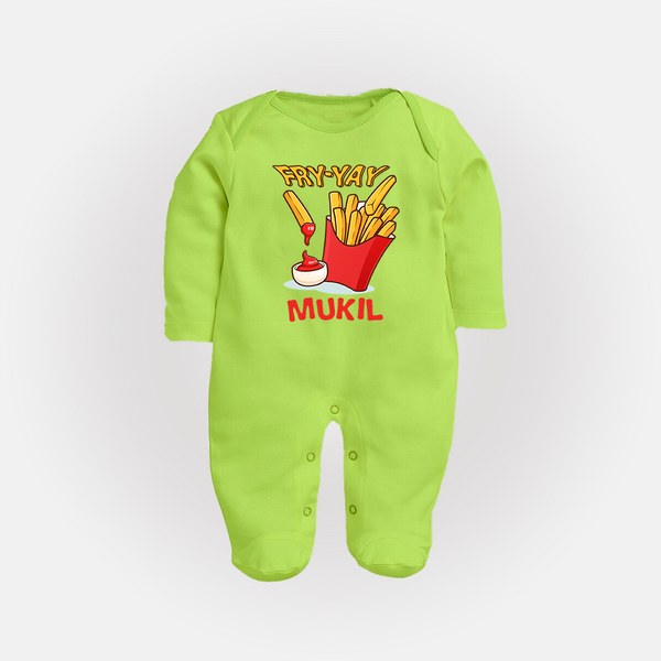 Fry-Yay Sleep Suit/Full Sleeve Body Suit | Personalized Baby Sleep Suit/Full Sleeve Body Suit for Fun Fridays - LIME GREEN - New Born (Chest 7.5")