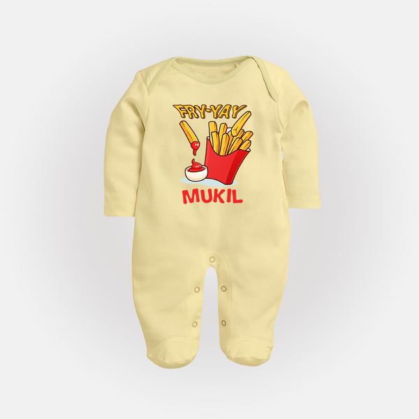 Fry-Yay Sleep Suit/Full Sleeve Body Suit | Personalized Baby Sleep Suit/Full Sleeve Body Suit for Fun Fridays - PASTEL YELLOW - New Born (Chest 7.5")