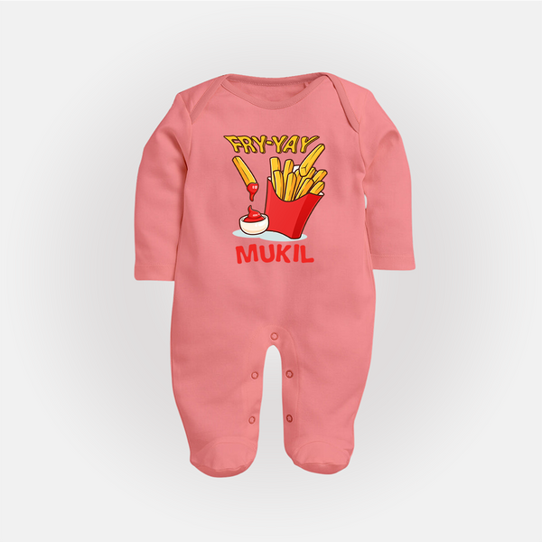 Fry-Yay Sleep Suit/Full Sleeve Body Suit | Personalized Baby Sleep Suit/Full Sleeve Body Suit for Fun Fridays - PEACH - New Born (Chest 7.5")