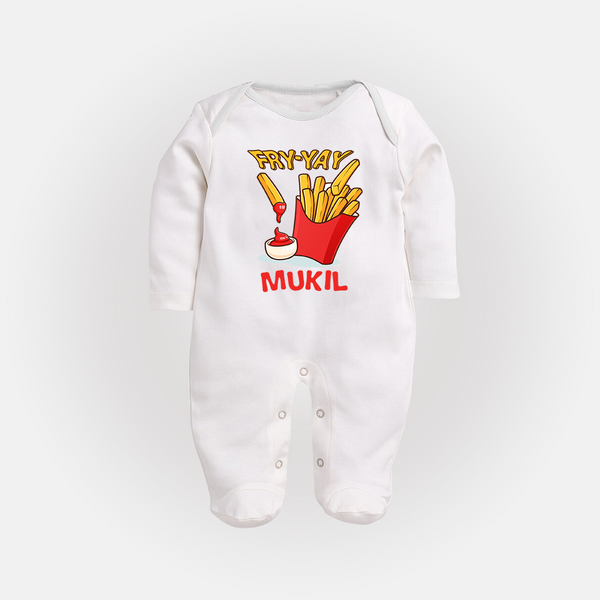 Fry-Yay Sleep Suit/Full Sleeve Body Suit | Personalized Baby Sleep Suit/Full Sleeve Body Suit for Fun Fridays - WHITE - New Born (Chest 7.5")