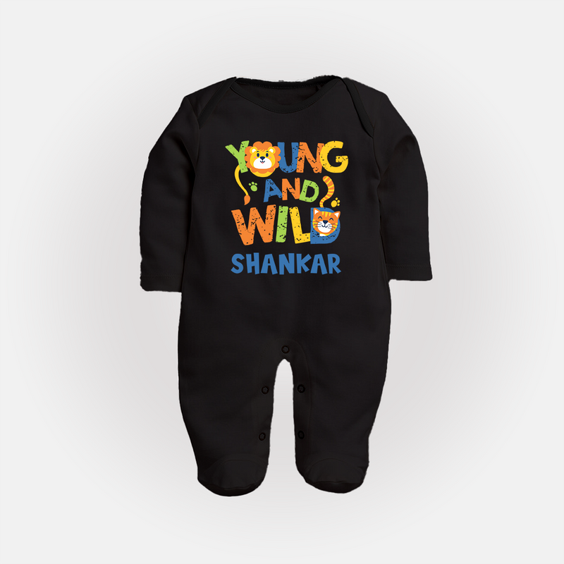 Young and Wild Sleep Suit/Full Sleeve Body Suit | Personalized Baby Sleep Suit/Full Sleeve Body Suit for Adventurous Kids - BLACK - New Born (Chest 7.5")